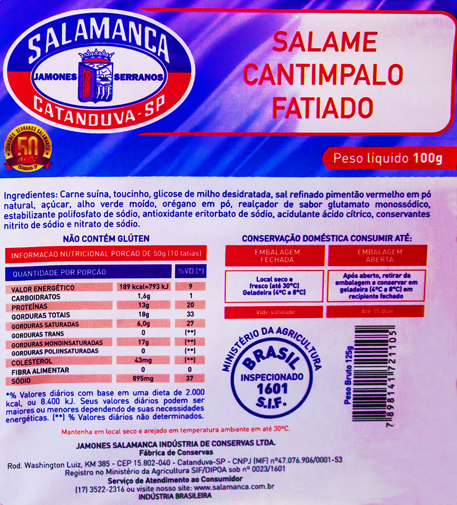 Salame Cantimpalo Fatiado Cartela 100 gramas